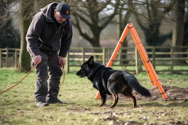 Adiestrador de perros en campo de entrenamiento junto a perro
