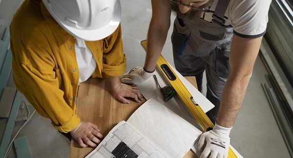 Dos operarios trabajando sobre un plano de reforma unos pisos en Cádiz